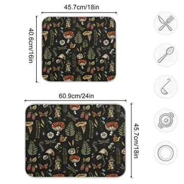 Mushroom Fern Leaves Berry Dish Drying Mat for Kitchen Counter Vintage Botanical Nature Drying Mats Super Absorbent Reversible Microfiber Kitchen Countertop Protector Dishes Pad Medium 16x18 inch