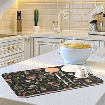 Mushroom Fern Leaves Berry Dish Drying Mat for Kitchen Counter Vintage Botanical Nature Drying Mats Super Absorbent Reversible Microfiber Kitchen Countertop Protector Dishes Pad Medium 16x18 inch