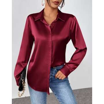 Zeagoo Silk Button Down Shirts for Women Long Sleve Satin Blouse Soft Business Work Dress Shirt Red