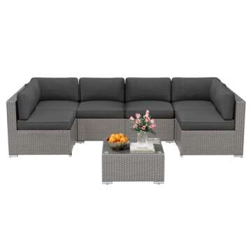 Betterland 7 Piece Outdoor Sectional Sofa Patio Furniture Set, All-Weather PE Grey Wicker Patio Conv...
