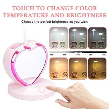 LED Desk Lamp, Cute Pink Desk Lamp with USB Charging Port/Pen Holder and Phone Stand, Touch Control Reading Lamp with 2 Color Modes,Eye-Caring Study Table Lamp for Kids Girls College Dorm Bedroom
