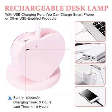 LED Desk Lamp, Cute Pink Desk Lamp with USB Charging Port/Pen Holder and Phone Stand, Touch Control Reading Lamp with 2 Color Modes,Eye-Caring Study Table Lamp for Kids Girls College Dorm Bedroom