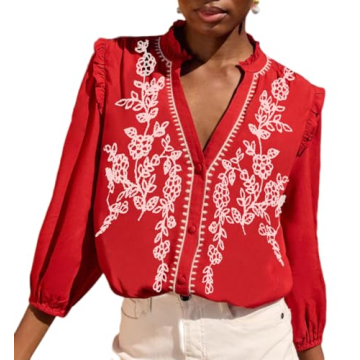 Melliflo Button Down Embroidered Shirts for Women Ruffle Trim 3/4 Sleeve Fall Tops V Neck Blouses