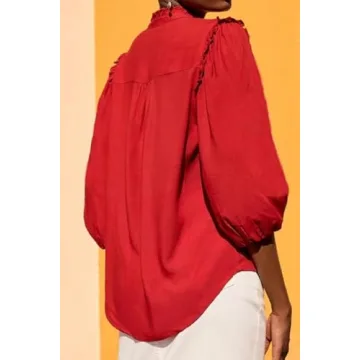 Melliflo Button Down Embroidered Shirts for Women Ruffle Trim 3/4 Sleeve Fall Tops V Neck Blouses