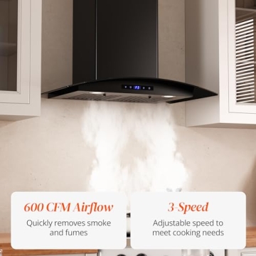 FIREGAS Range Hood 30 inch, 600 CFM Wall Mount Glass Kitchen Hood Ducted/Ductless Convertible with 3-Speed Fan, Screen Control, Time Setting, LED Lights, Black Painted Stainless Steel Vent Hood