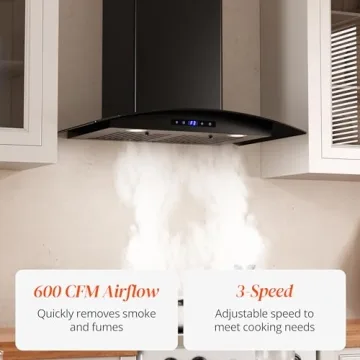 FIREGAS Range Hood 30 inch, 600 CFM Wall Mount Glass Kitchen Hood Ducted/Ductless Convertible with 3-Speed Fan, Screen Control, Time Setting, LED Lights, Black Painted Stainless Steel Vent Hood