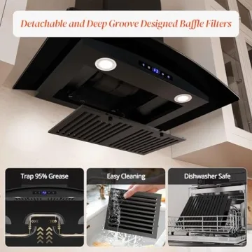 FIREGAS Range Hood 30 inch, 600 CFM Wall Mount Glass Kitchen Hood Ducted/Ductless Convertible with 3-Speed Fan, Screen Control, Time Setting, LED Lights, Black Painted Stainless Steel Vent Hood