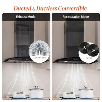 FIREGAS Range Hood 30 inch, 600 CFM Wall Mount Glass Kitchen Hood Ducted/Ductless Convertible with 3-Speed Fan, Screen Control, Time Setting, LED Lights, Black Painted Stainless Steel Vent Hood