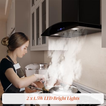 FIREGAS Range Hood 30 inch, 600 CFM Wall Mount Glass Kitchen Hood Ducted/Ductless Convertible with 3-Speed Fan, Screen Control, Time Setting, LED Lights, Black Painted Stainless Steel Vent Hood