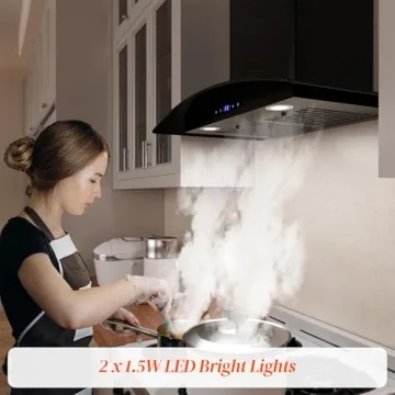 FIREGAS Range Hood 30 inch, 600 CFM Wall Mount Glass Kitchen Hood Ducted/Ductless Convertible with 3-Speed Fan, Screen Control, Time Setting, LED Lights, Black Painted Stainless Steel Vent Hood