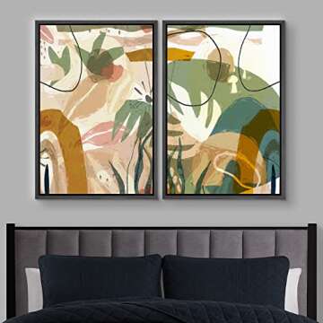 IDEA4WALL Framed Canvas Print Wall Art Set Retro 1960s Jungle Leaf Landscape Abstract Shapes Illustr...