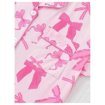 SHENHE Women's 2 Piece Pajama Set Bow Graphic Button Down Short Sleeve Lapel Shirt Pj Short Set Deep Pink Small