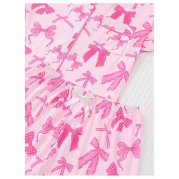 SHENHE Women's 2 Piece Pajama Set Bow Graphic Button Down Short Sleeve Lapel Shirt Pj Short Set Deep Pink Small