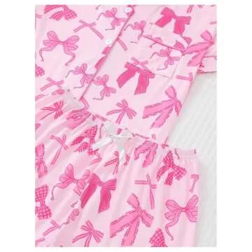 SHENHE Women's 2 Piece Pajama Set Bow Graphic Button Down Short Sleeve Lapel Shirt Pj Short Set Deep Pink Small