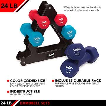 JFIT Dumbbell Set w/Durable Rack, Double Neoprene Coated Workout Weights, Solid Design Rack, 24 LB Set