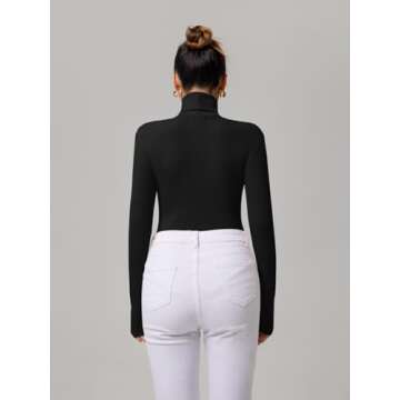 REORIA Women's Long Sleeve Ribbed Turtleneck Leotard Stretchy Bodysuit Basic Tops Jumpsuits Black Medium