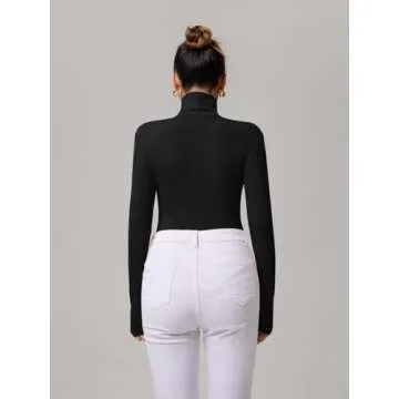 REORIA Women's Long Sleeve Ribbed Turtleneck Leotard Stretchy Bodysuit Basic Tops Jumpsuits Black Medium