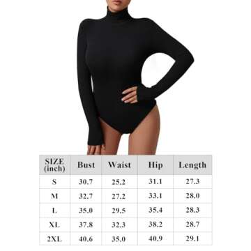 REORIA Women's Long Sleeve Ribbed Turtleneck Leotard Stretchy Bodysuit Basic Tops Jumpsuits Black Medium