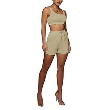 KIEBXANX Workout Sets for Women, Two Piece Outfits Sleeveless Slim Crop Tops and Loose Shorts Casual Sweatsuits