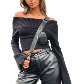 Women’s Off Shoulder Sweater Long Sleeve Solid Cropped Pullover Sweater Ribbed Knit Slim Casual Fa...
