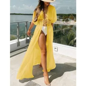 FANCYINN Women Gold Lace Beach Cover Ups Long Kimono Floor Length Open Front Sheer Bathing Bohemian ...