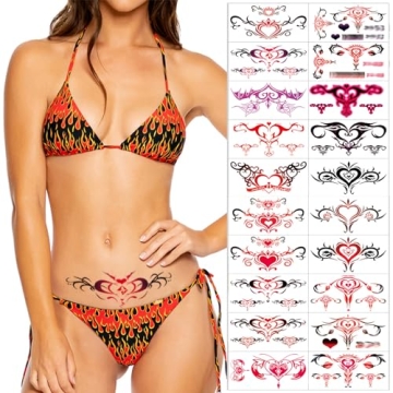 Sexy Navel Temporary Tattoos 20 Sheets Large Black Red Lace Abdomen Waist Waterproof Tattoo Stickers...