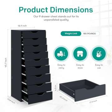 Naomi Home Elegant 9 Drawer Dresser for Bedroom - Black Storage Solution