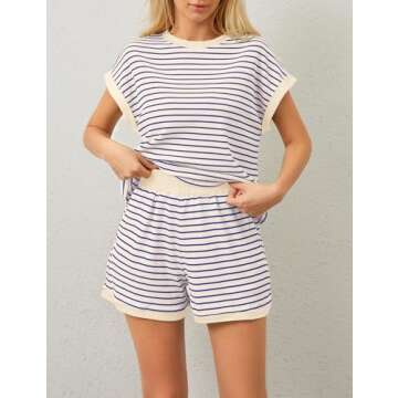 Burtell Women Summer 2 Piece Lounge Sets Striped Short Sleeve Tee Shirts Mini Shorts Loungewear Shor...