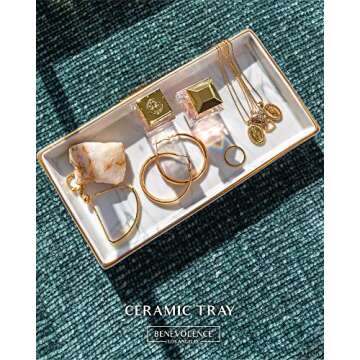 Ceramic Vanity Candle / Perfume Tray Decor with White Marble Finish | Decorative Jewelry Dish for Dresser, Bathroom, 9x4.5x1 inches