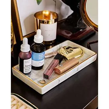 Ceramic Vanity Candle / Perfume Tray Decor with White Marble Finish | Decorative Jewelry Dish for Dresser, Bathroom, 9x4.5x1 inches