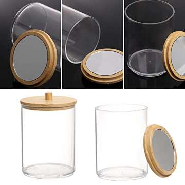 Tbestmax 10-Ounce Qtip Holder Apothecary Jars Bamboo Lids with Mirror, Cotton Ball Swab Pad Dispenser Bathroom Canisters (2 Pack)