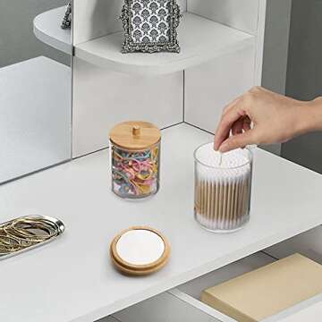 Tbestmax 10-Ounce Qtip Holder Apothecary Jars Bamboo Lids with Mirror, Cotton Ball Swab Pad Dispenser Bathroom Canisters (2 Pack)