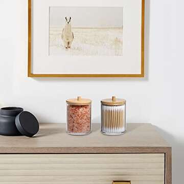 Tbestmax 10-Ounce Qtip Holder Apothecary Jars Bamboo Lids with Mirror, Cotton Ball Swab Pad Dispenser Bathroom Canisters (2 Pack)