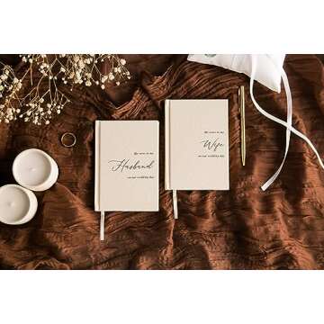 MUUJEE Hard Cover Vow Books (Set of 2) - Cream Canvas Linen Foil Embossed Wedding Ceremony Vow Renew...
