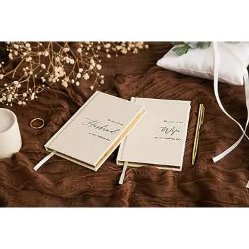 MUUJEE Hard Cover Vow Books (Set of 2) - Cream Canvas Linen Foil Embossed Wedding Ceremony Vow Renewal Speech Books, Couple Gifts for Engagement (To My Husband/Wife)