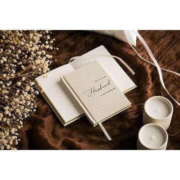 MUUJEE Hard Cover Vow Books (Set of 2) - Cream Canvas Linen Foil Embossed Wedding Ceremony Vow Renewal Speech Books, Couple Gifts for Engagement (To My Husband/Wife)