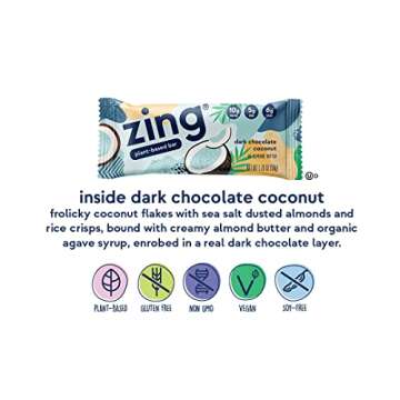 Zing Dark Chocolate Coconut Vegan Protein Bars, Gluten Free with High Protein, High Fiber, Dairy Fre...