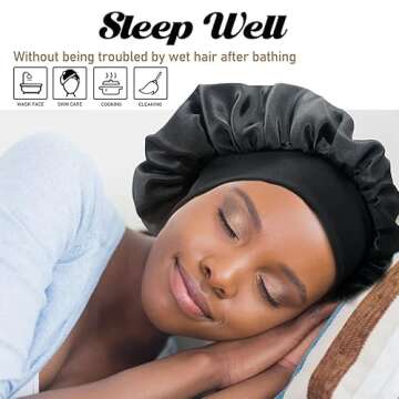 Silk Bonnet for Sleeping, Reusable Satin Jumbo Bonnet for Women to Protect Hair, Black Women Hair Dry Bonnets(Black&Green)