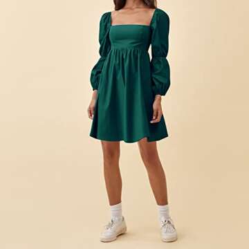 EXLURA Womens 2024 Casual Long Puff Sleeve Dress A-Line Square Neck Short Mini Dress Dark Green