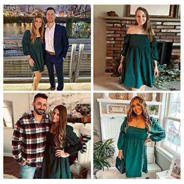 EXLURA Womens 2024 Casual Long Puff Sleeve Dress A-Line Square Neck Short Mini Dress Dark Green