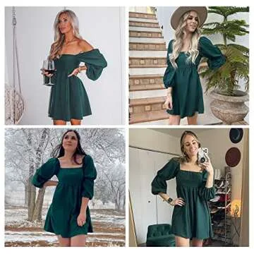 EXLURA Womens 2024 Casual Long Puff Sleeve Dress A-Line Square Neck Short Mini Dress Dark Green