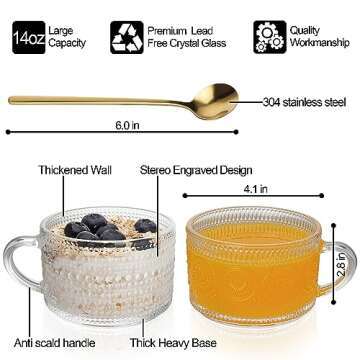 QUMMFA Vintage Coffee Mugs Set of 4, 14OZ Clear Embossed Glass Mugs Gifts for Women, Glass Mugs with...