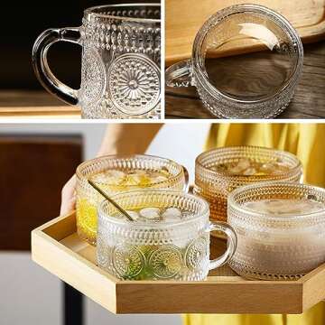 QUMMFA Vintage Coffee Mugs Set of 4, 14OZ Clear Embossed Glass Mugs Gifts for Women, Glass Mugs with Handles & Spoons, Clear Tea Cup Set for Yogurt Bowl, Oats, Latte and Cappuccino