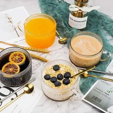 QUMMFA Vintage Coffee Mugs Set of 4, 14OZ Clear Embossed Glass Mugs Gifts for Women, Glass Mugs with Handles & Spoons, Clear Tea Cup Set for Yogurt Bowl, Oats, Latte and Cappuccino