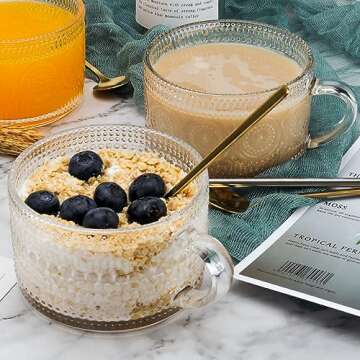 QUMMFA Vintage Coffee Mugs Set of 4, 14OZ Clear Embossed Glass Mugs Gifts for Women, Glass Mugs with Handles & Spoons, Clear Tea Cup Set for Yogurt Bowl, Oats, Latte and Cappuccino