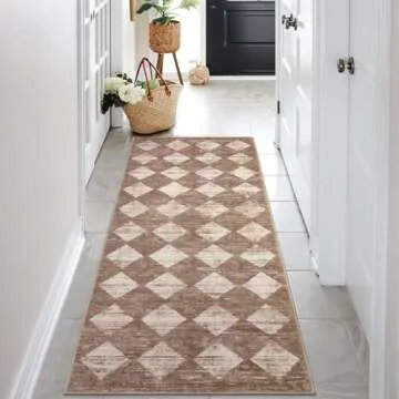 Lahome Moroccan Treills Runner Rug - 2x6 Beige Washable Rug Runner Carpet Runners for Hallway 6ft Non Skid, Checkered Long Kitchen Bathroom Non Skid Runner Rug for Bedroom Hallway Entryway