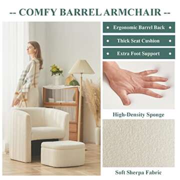 COLAMY Upholstered Sherpa Barrel Chair with Ottoman Set of 2, Modern Single Sofa Accent Lounge Chair Armchair Club Chair with Storage Space-Saving for Living Room Bedroom Office, Cream