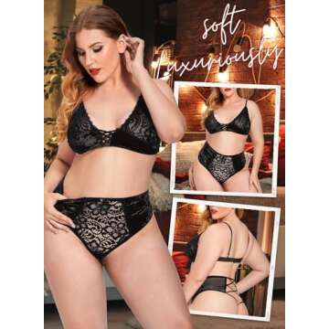 Women Valentines Lingerie Set - Sexy Plus Size Crushed Velvet Mesh Lace Up Exotic Halter Bralette High Waist Panty(Black,2XL,325a)