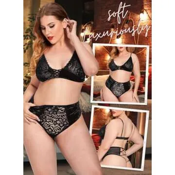 Women Valentines Lingerie Set - Sexy Plus Size Crushed Velvet Mesh Lace Up Exotic Halter Bralette High Waist Panty(Black,2XL,325a)