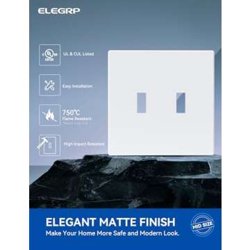ELEGRP 2-Gang Screwless Toggle Wall Plates, Mid-Size Unbreakable Thermoplastic Faceplate Cover for Toggle Wall Switch & Toggle Dimmer Switch, UL Listed (5 Pack, Matte White)